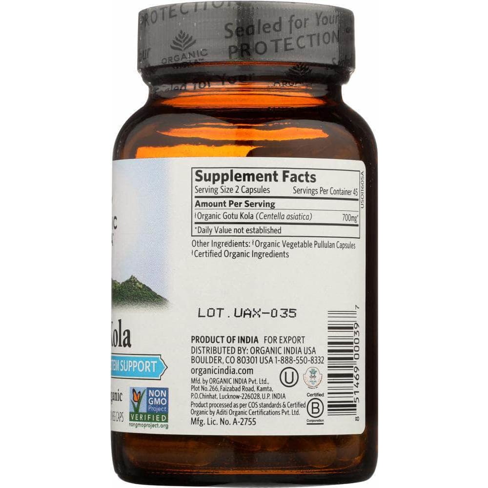 ORGANIC INDIA Organic India Gotu Kola Herbal Supplement, 90 Caps