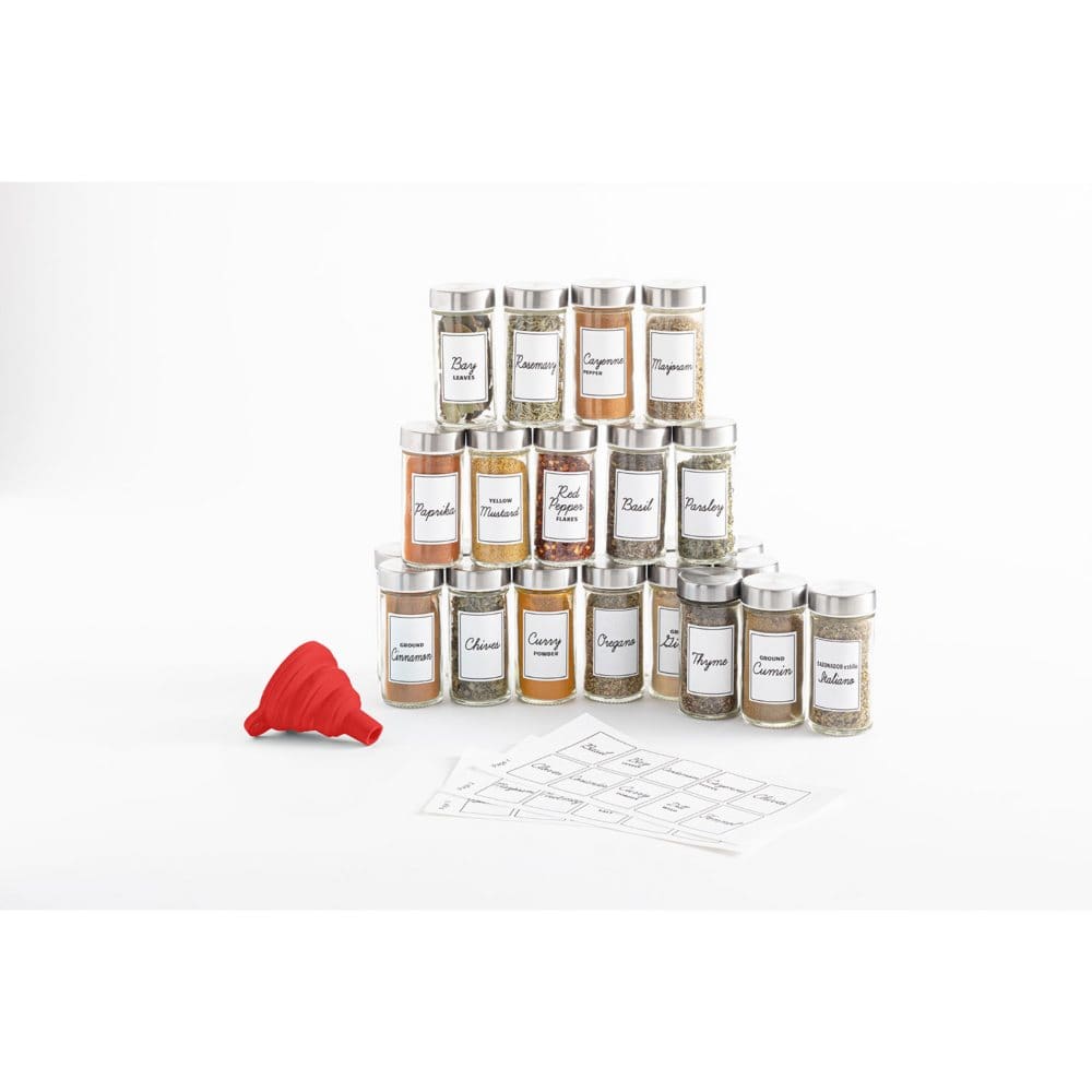 Orii Spice Storage Solution: 24 Glass Jars Labels & Funnel - Kitchen Organization - Orii