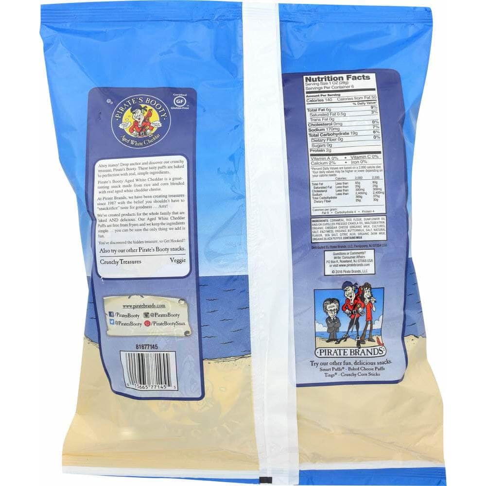 Pirate Brands Pirate's Booty Aged White Cheddar Snacks Rice and Corn Puffs, 6 Count