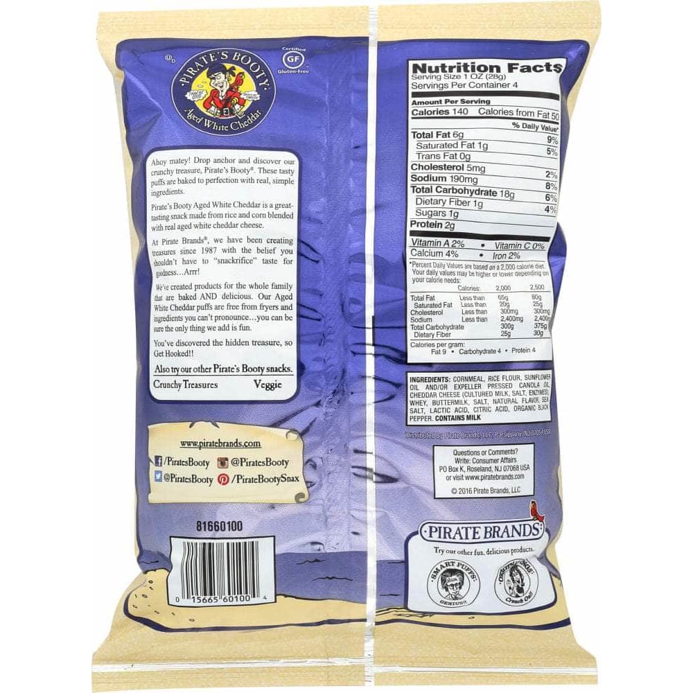 Pirate Brands Pirate's Booty Baked Rice and Corn Puffs Aged White Cheddar, 4 oz