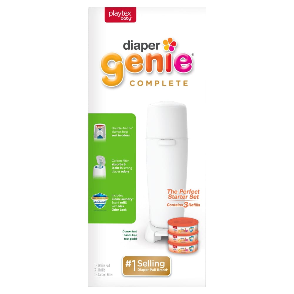 Playtex Diaper Genie Complete Starter Set Pail & 3 Free Refills Built-In Odor Controlling Antimicrobial - Diaper Genie