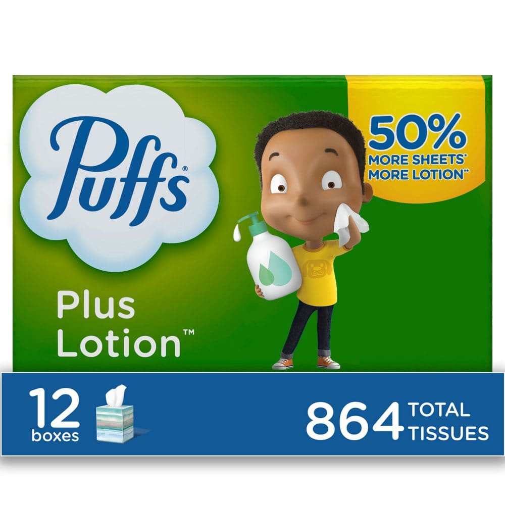 Puffs Plus Lotion 2-Ply Facial Tissues Cube Boxes (72 tissues/box 12 boxes) (Pack of 10) - Paper & Plastic - Puffs