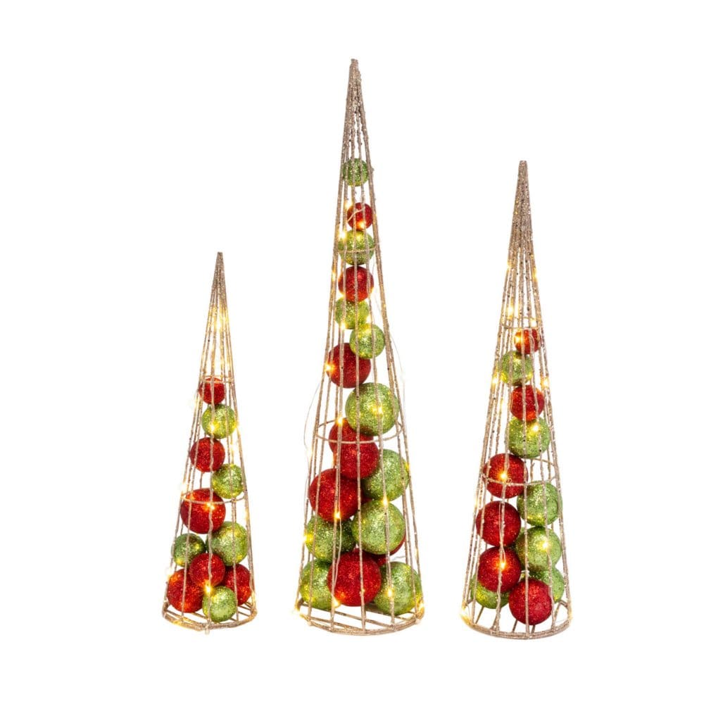 Red and Green Ornament-Filled Cone Trees Set of 3 - Indoor Christmas Decor - ShelHealth
