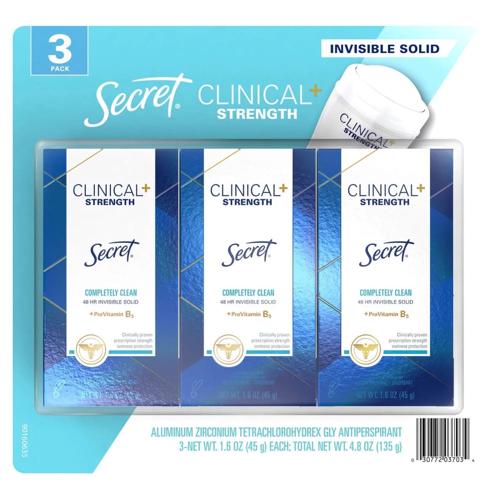 Secret Clinical Invisible Solid Antiperspirant Completely Clean - 3 Pack - 1.6 oz - Solid - Secret