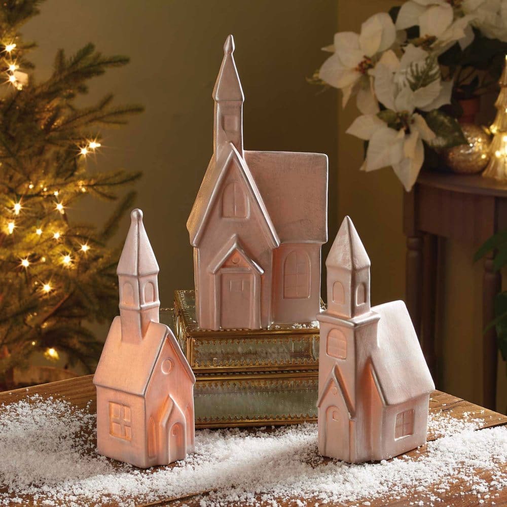 Set of 3 Pre-lit Churches - Indoor Holiday Decor - Set