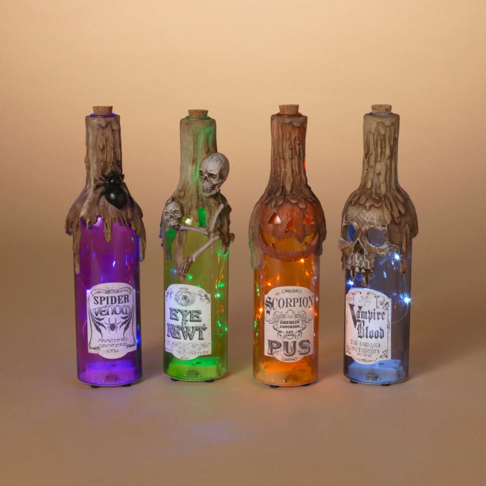 Set of 4 Pre-Lit Glass Halloween Bottles - Halloween Indoor Decor - ShelHealth