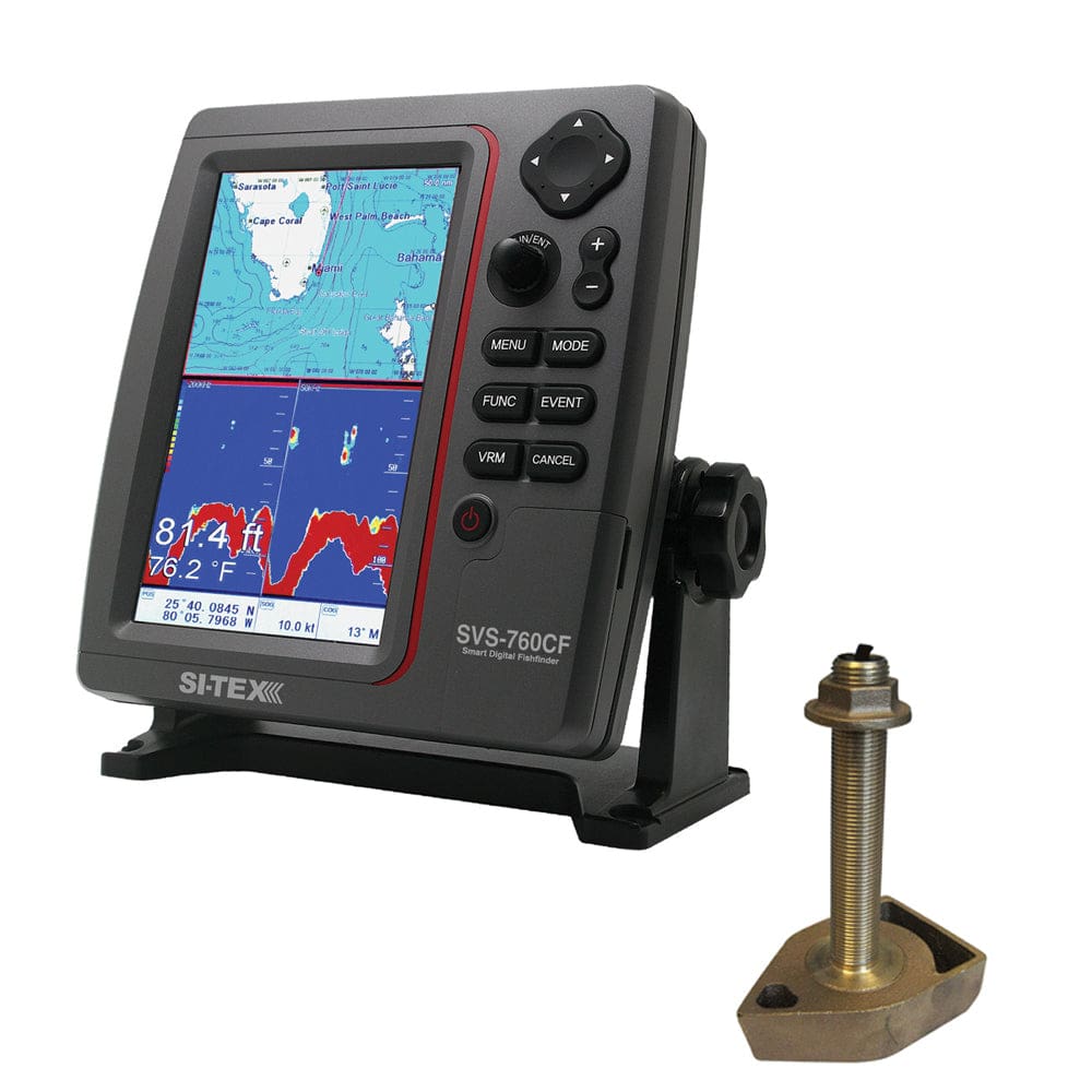 SI-TEX SVS-760CF Dual Frequency Chartplotter/ Sounder w/ Navionics+ Flexible Coverage & 1700/ 50/ 200T-CX Transducer - Marine Navigation &