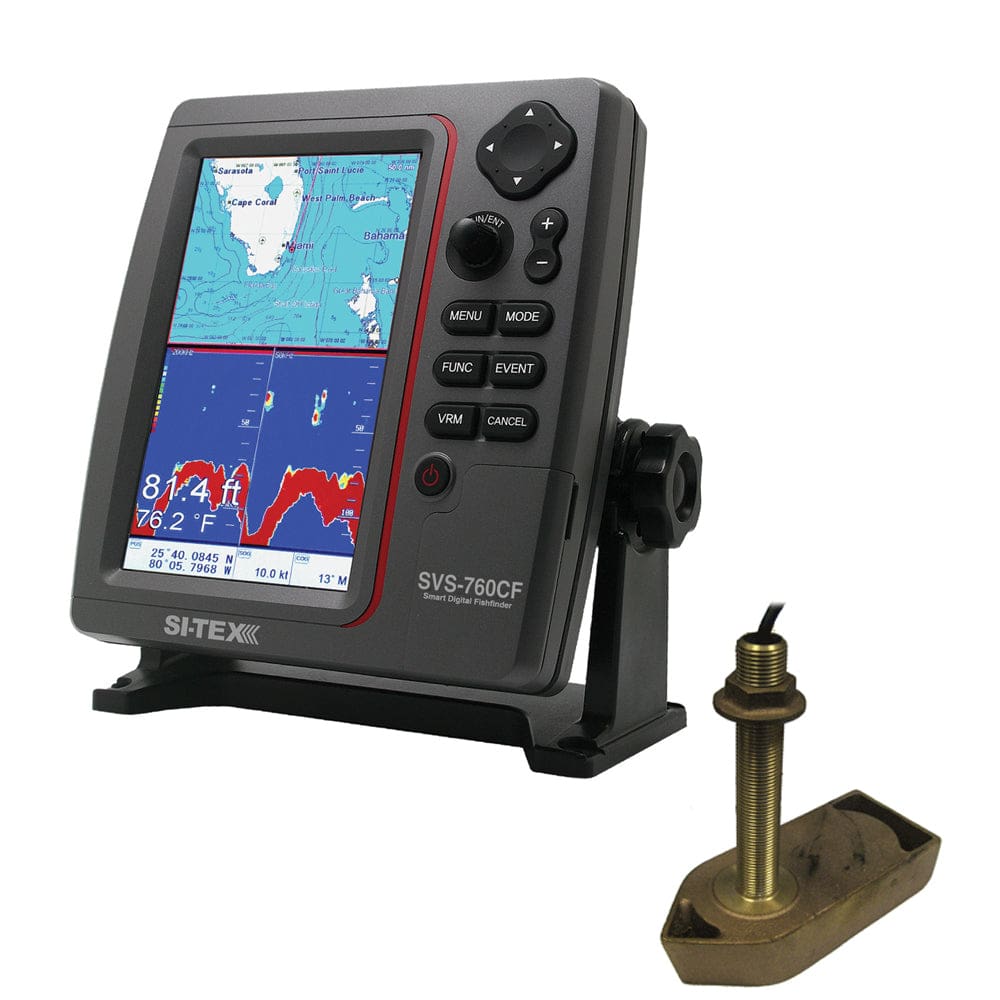 SI-TEX SVS-760CF Dual Frequency Chartplotter/ Sounder w/ Navionics+ Flexible Coverage & 307/ 50/ 200T 8P Transducer - Marine Navigation &