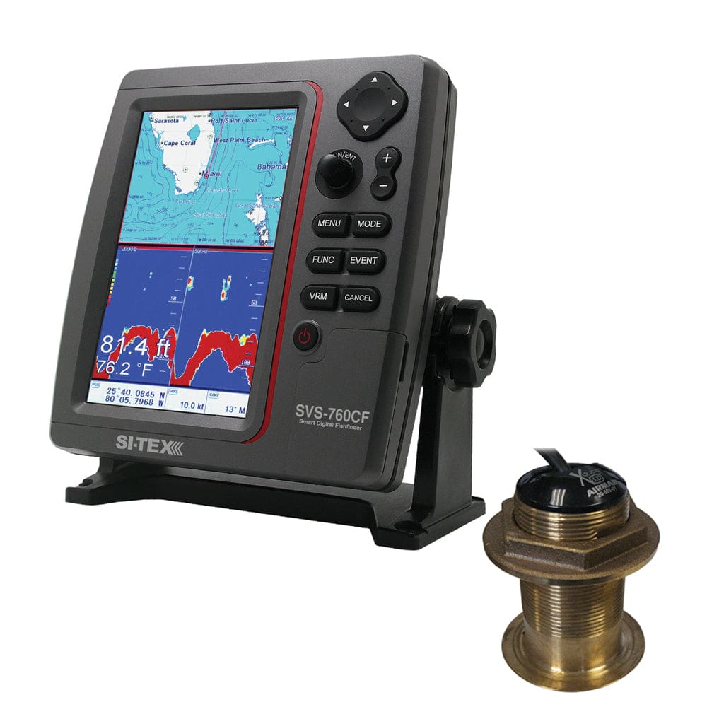 SI-TEX SVS-760CF Dual Frequency Chartplotter/ Sounder w/ Navionics+ Flexible Coverage & Bronze 20 Degree Transducer - Marine Navigation &