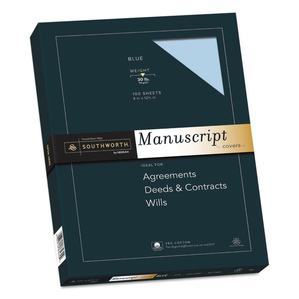 Southworth 25% Cotton Blue Manuscript Paper 9†x 12.5†30 lb. Cover Weight Blue 100 Sheets - Copy & Multipurpose Paper - Southworth