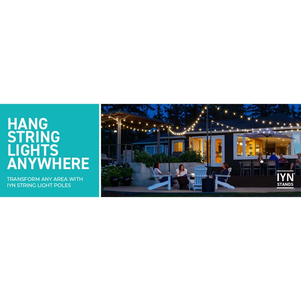 String-Light Pole Stand and Tank Base with 25’ LED String Lights - Outdoor Lighting - String-Light