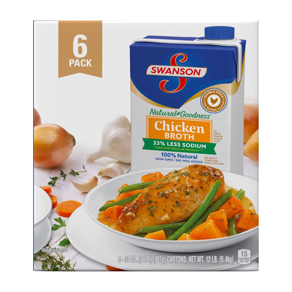 Swanson Natural Goodness 33% Less Sodium Chicken Broth 6 ct./32 oz. - Home/Grocery Household & Pet/Canned & Packaged Food/Canned & Jarred