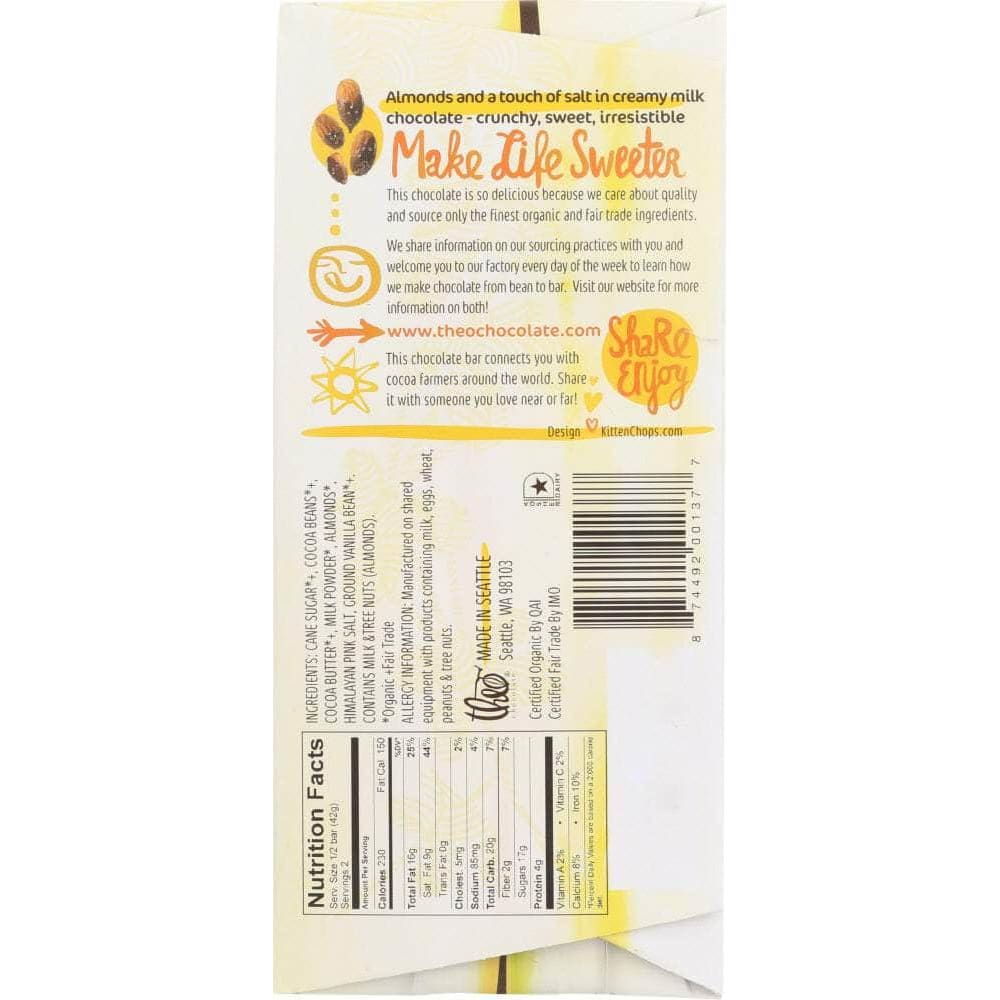 Theo Chocolate Theo Chocolate Organic Milk Chocolate with Salted Almonds Bar, 3 oz
