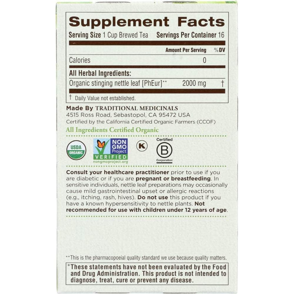 Traditional Medicinals Traditional Medicinals Organic Nettle Leaf Herbal Tea 16 Tea Bags, 1.13 oz