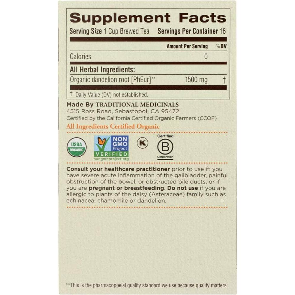 Traditional Medicinals Traditional Medicinals Organic Roasted Dandelion Root Herbal Tea 16 Tea Bags, 0.85 oz