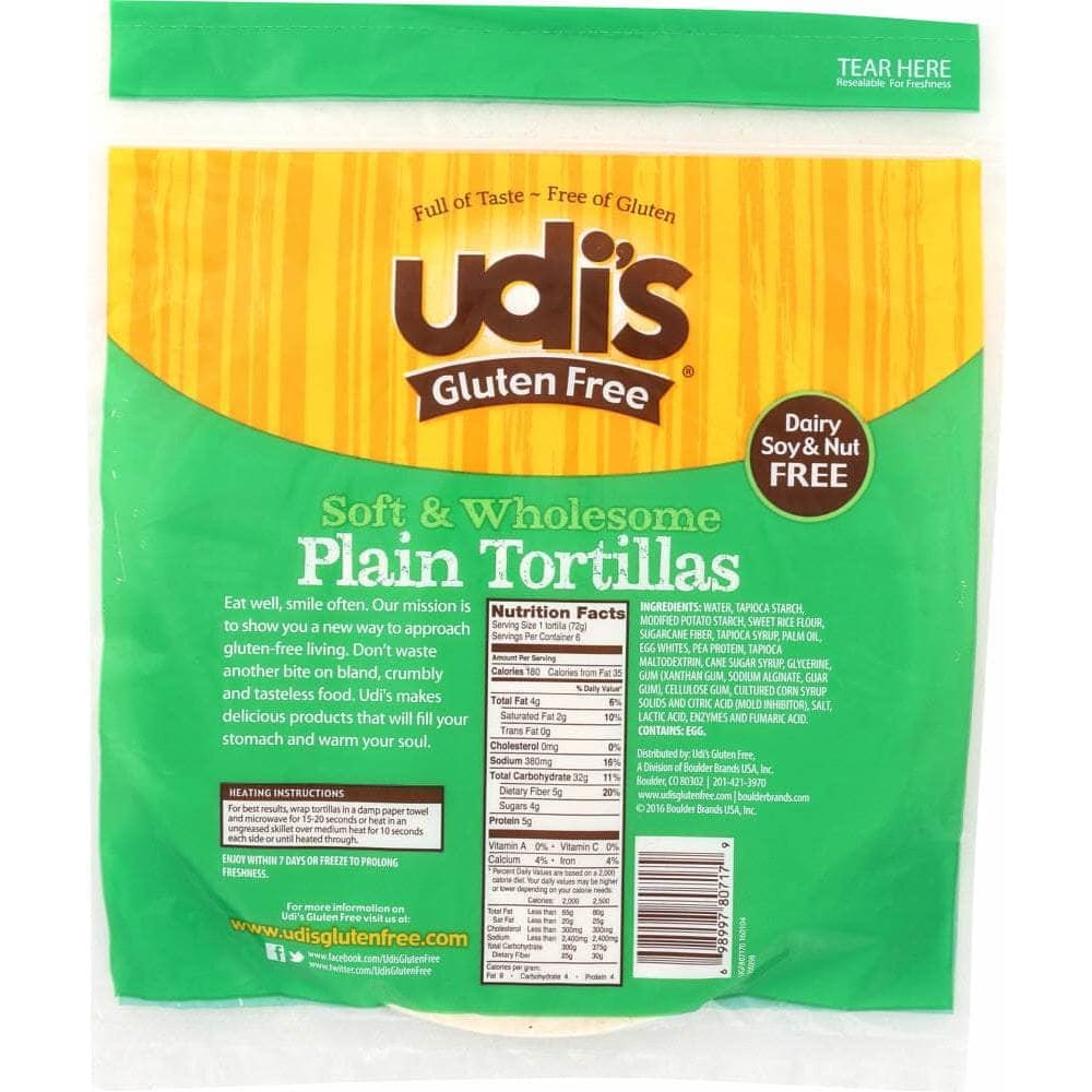 Udis Udi's Plain Tortilla Large Gluten Free, Dairy Soy & Nut Free, 6 Counts, 11.2 oz