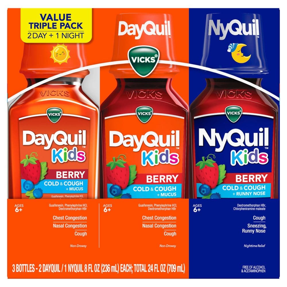 Vicks DayQuil and NyQuil Kids’ Cold & Cough Liquid Medicine Berry Flavor (3 pk. 8 fl.oz./Bottle) - Health & Beauty Instant Savings - Vicks