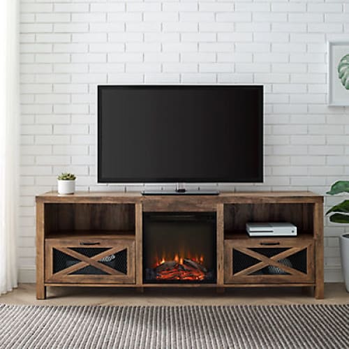 W. Trends 70 Modern Farmhouse Metal Mesh Drop Door TV Stand for Most TV’s up to 80 - Rustic Oak - Home/Furniture/TV Stands & Media