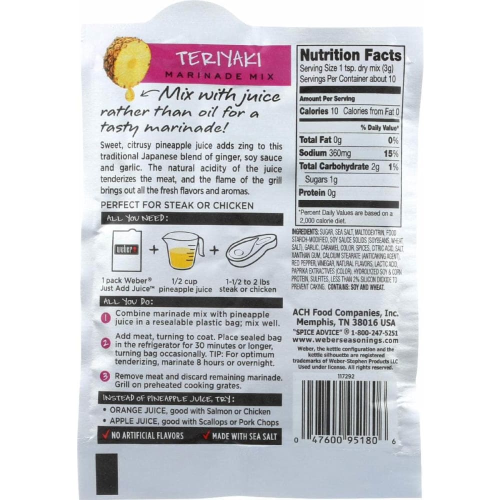 WEBER Grocery > Cooking & Baking > Seasonings WEBER Just Add Juice Teriyaki Marinade Mix, 1.12 oz