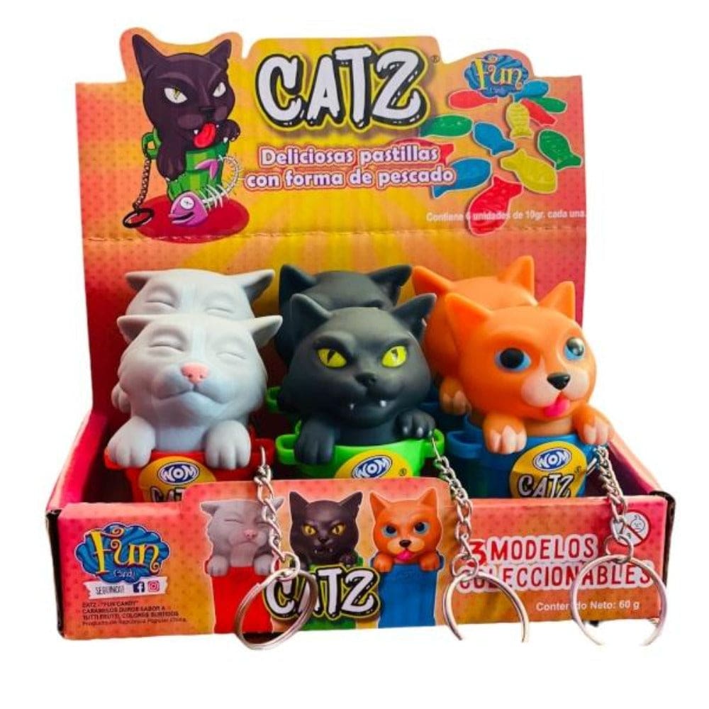 Wom - Catz In A Trash Can Keychains With Fish Shaped Candy Gluten Free - 6 CT - The Candy & Toy Factory