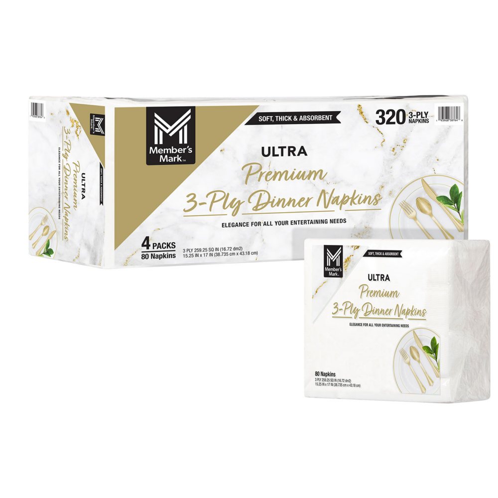 Member's Mark Premium White 3-Ply Dinner Napkins, 15" x 17" (80/pk., 4 pk)