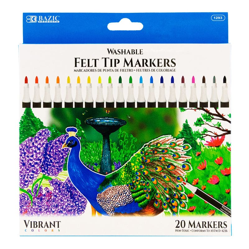 20 Colors Felt Tip Washable Markers Bazic (Pack of 10) - Markers - Bazic Products