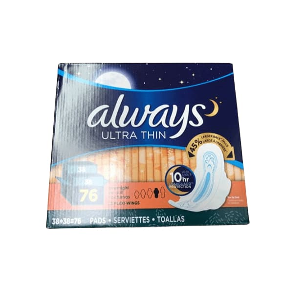 Always Ultra Thin Overnight Pads with Flexi-Wings, 76 ct. - ShelHealth.Com