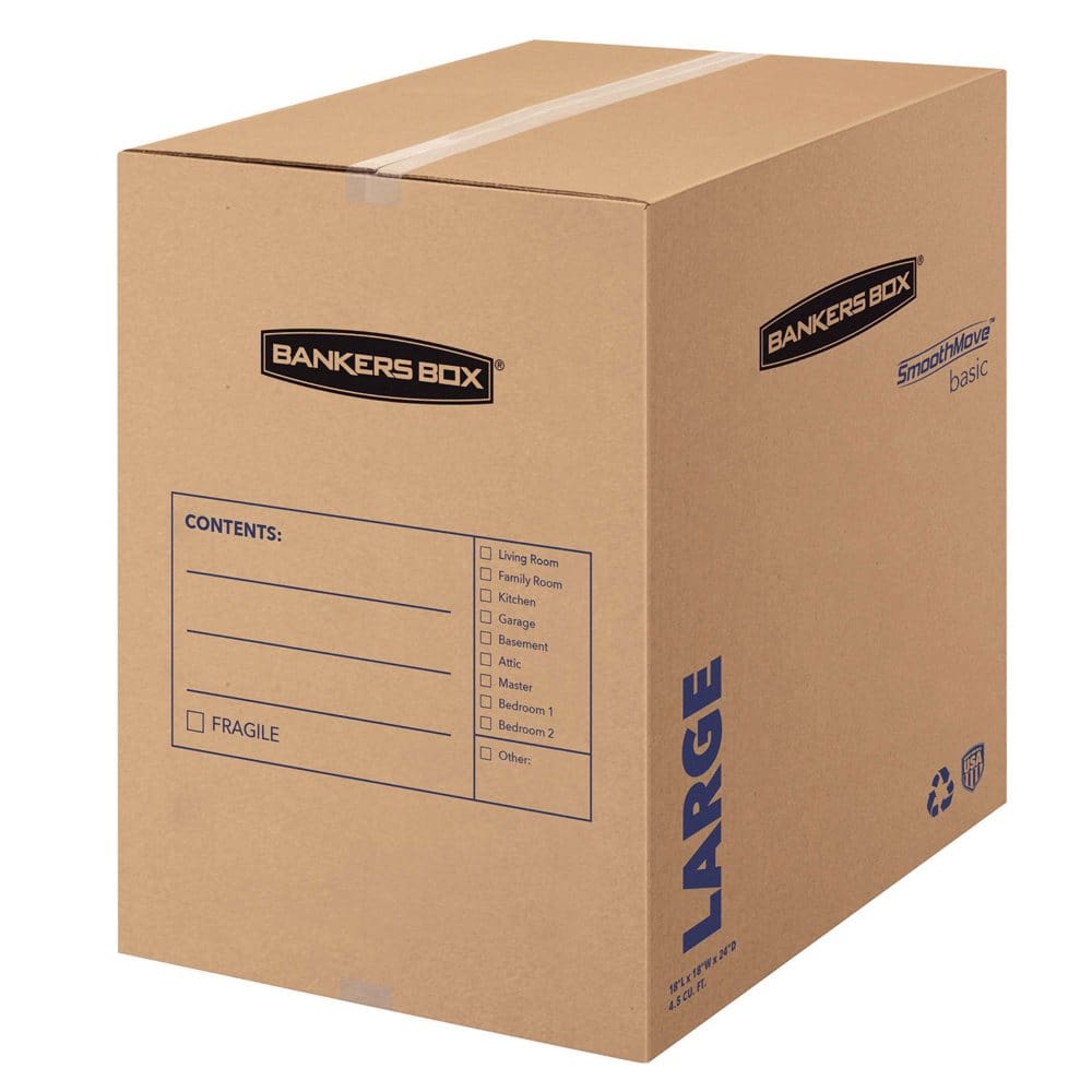 Bankers Box SmoothMove Basic Large Moving Boxes 18 L x 18 W x 24 H Kraft/Blue 15/Carton - Portable Storage Boxes & Drawers - Bankers Box