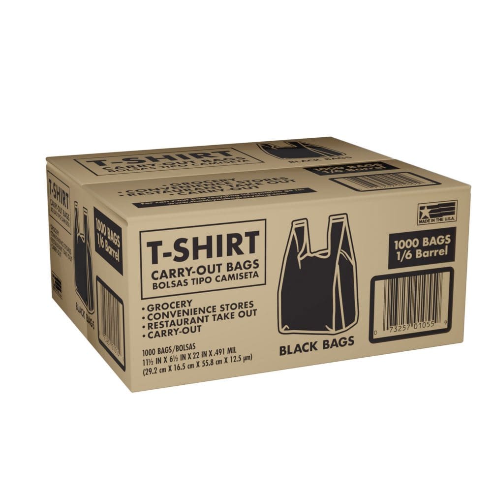 Black T-Shirt Carryout Bags 11.5 x 6.5 x 22 (1,000 ct.) - Paper & Plastic - Black T-Shirt