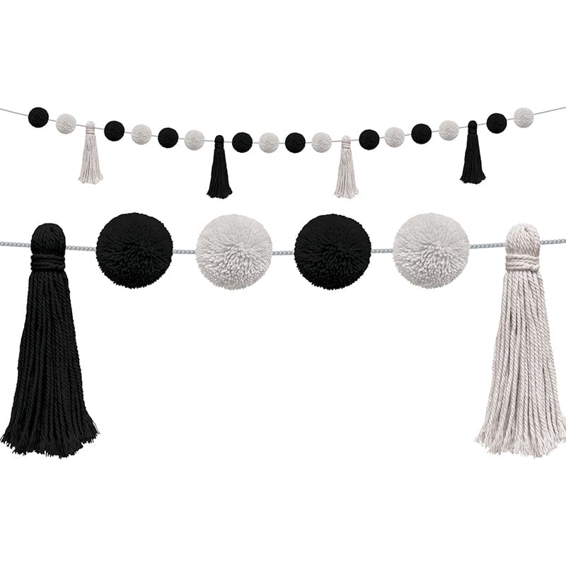 Blk & Wht Pom-Poms & Tassel Garland (Pack of 6) - Border/Trimmer - Teacher Created Resources