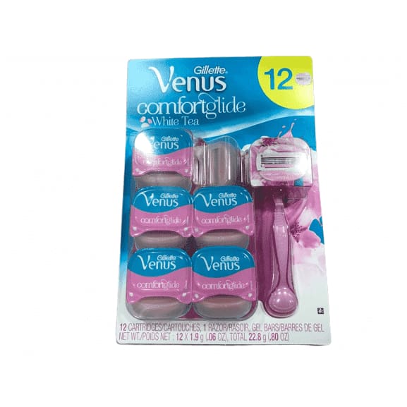 Gillette Venus White Tea Comfort Glide Women's Razor 3-Blade Handle With 12 Cartridges - ShelHealth.Com