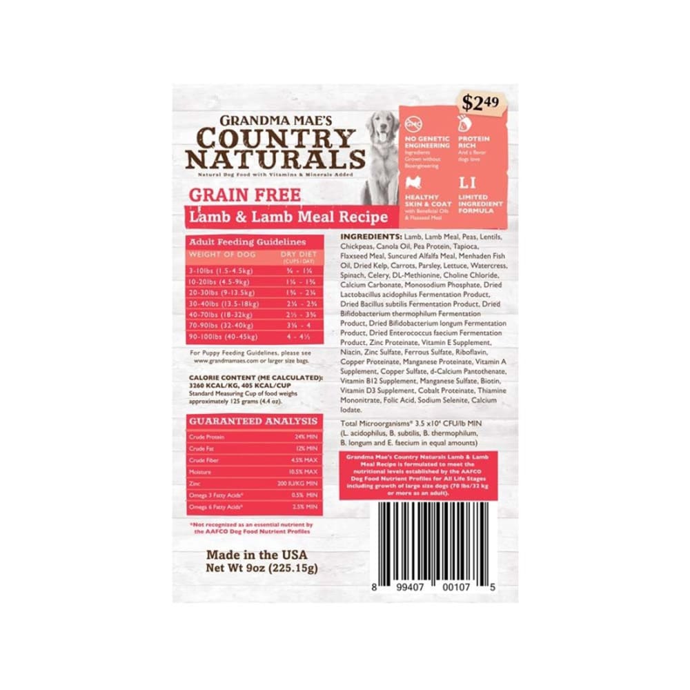 Grandma Mae’s Country Naturals Grain Free Lamb & Lamb Meal Recipe 9 oz - Pet Supplies - Grandma Maes