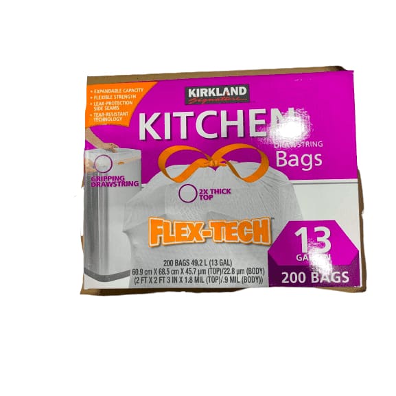 Kirkland Signature Drawstring Kitchen Trash Bags Flex-Tech - 13 Gallon - 200 Bags | ShelHealth