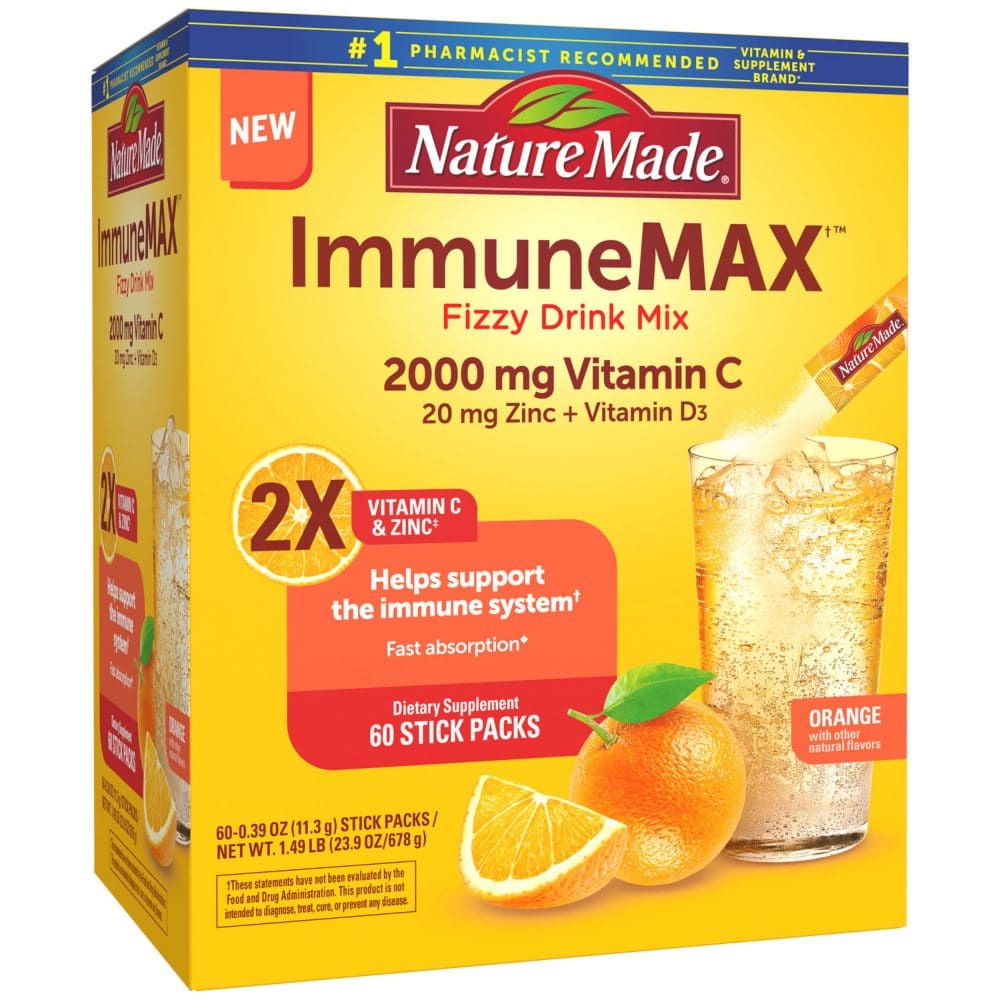 Nature Made ImmuneMAX Fizzy Drink Mix with Vitamin C Vitamin D and Zinc Supplement for Immune Support (60 ct.) - Letter Vitamins - Nature
