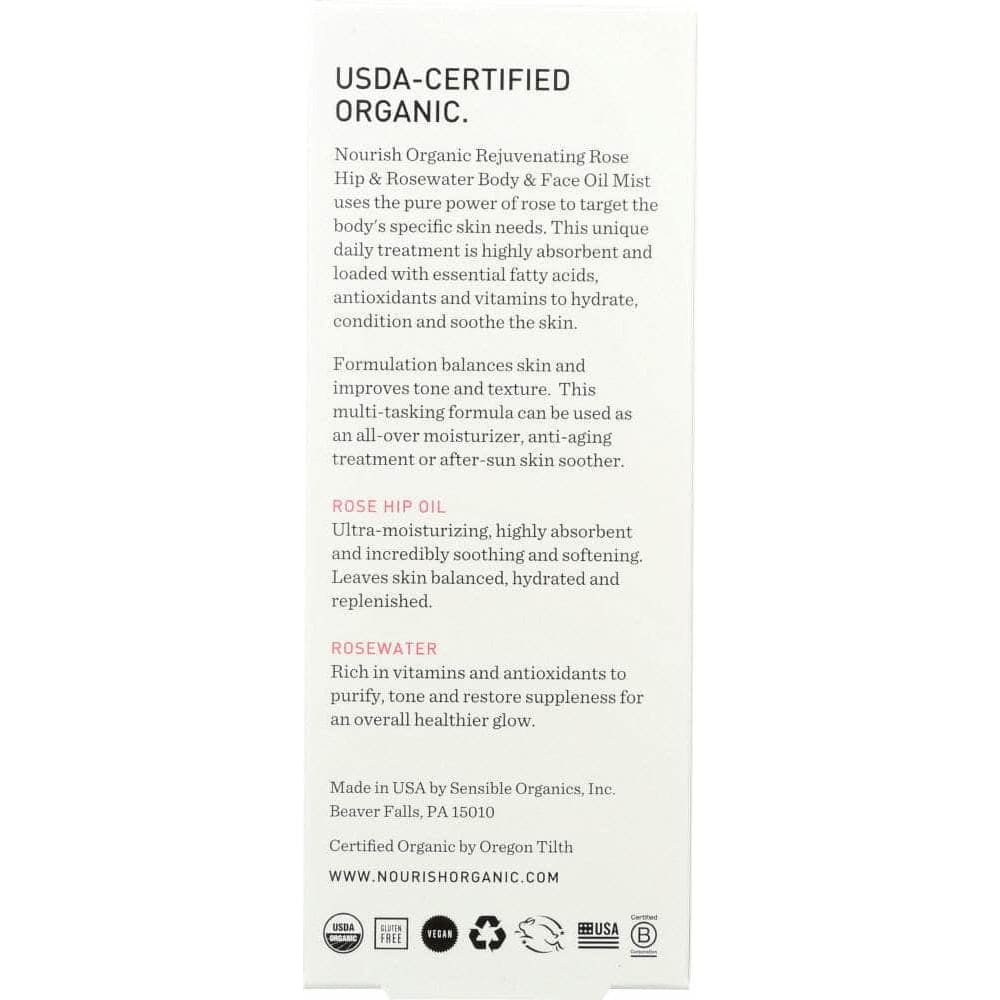 NOURISH ORGANIC Nourish Organic Rejuvenating Rose Hip & Rosewater Body Oil Mist, 3 Oz