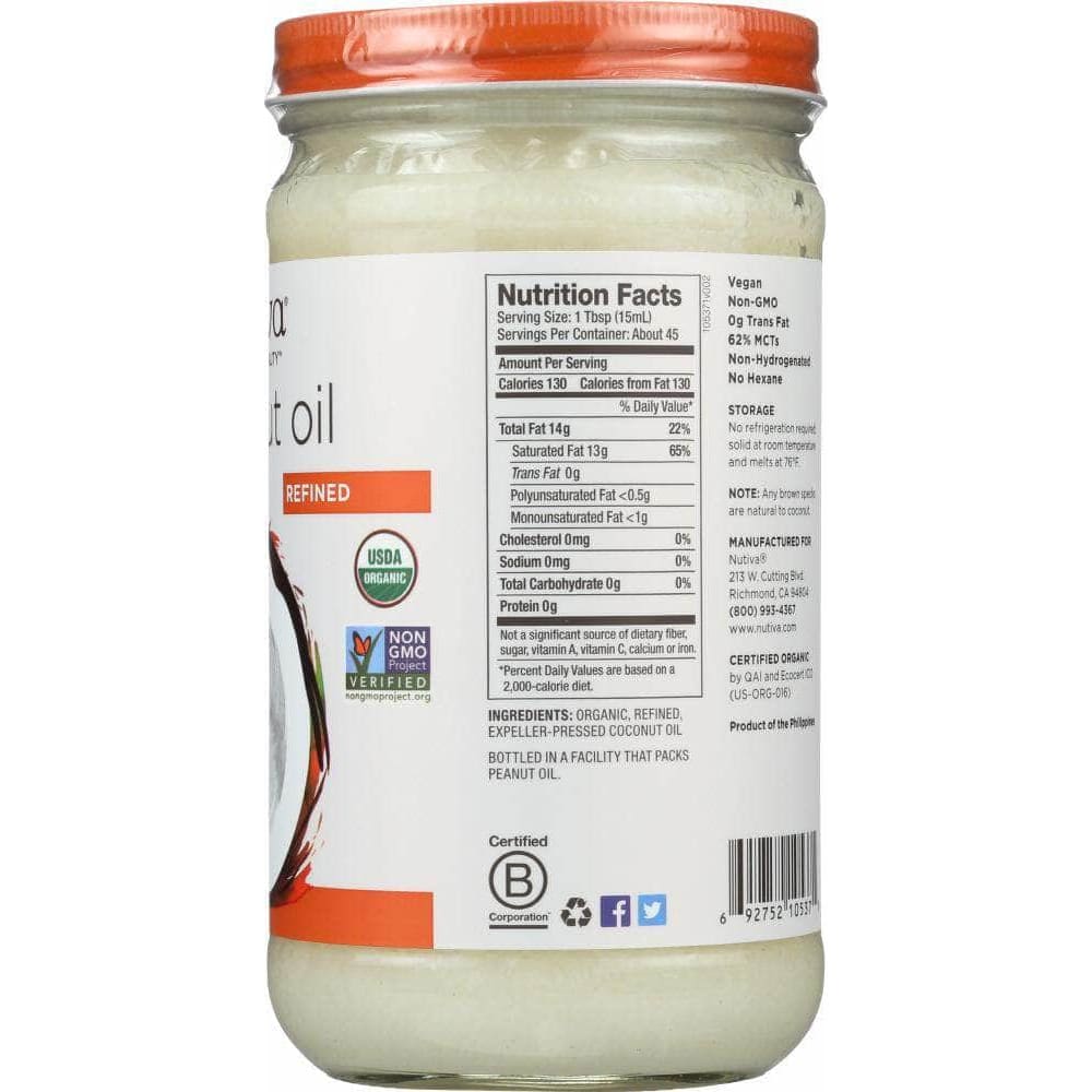 Nutiva Nuitiva Organic Coconut Oil Refined, 23 oz
