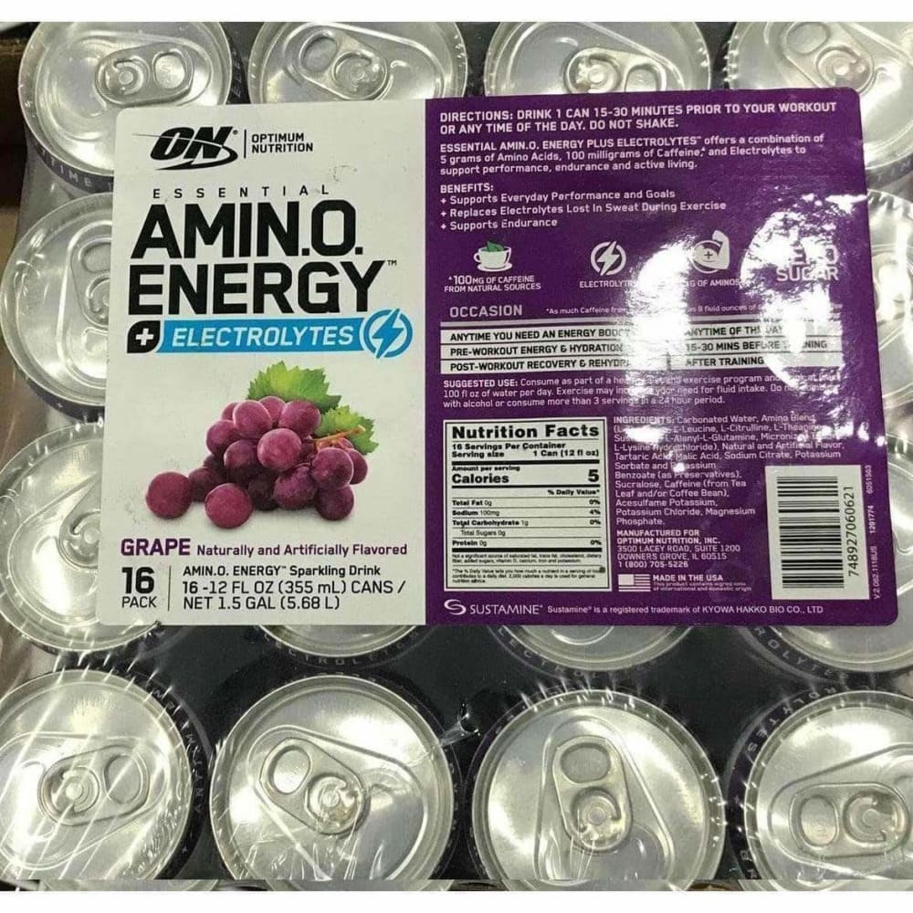 OPTIMUM NUTRITION ESSENTIAL AMINO ENERGY Sparkling Hydration Drink, Grape, 12 oz. 16 Count - ShelHealth.Com