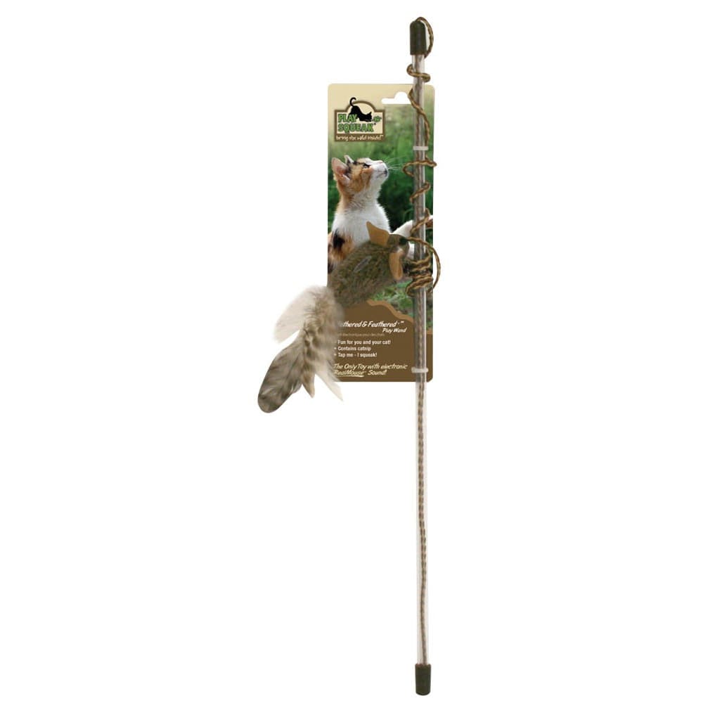 OurPets Play-N-Squeak Teathered and Feathered Play Wand Catnip Toy Brown 1ea - Pet Supplies - OurPets