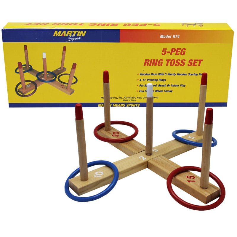Ring Toss Game 5-Peg Base Wood Pegs 4 Plastic Rings - Bean Bags & Tossing Activities - Dick Martin Sports