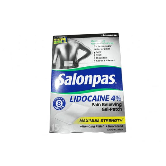 Salonpas Pain Relieving Gel-Patch, Maximum Strength, 4% Lidocaine, Patches - 15 patches - ShelHealth.Com