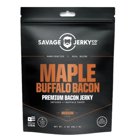 SAVAGE JERKY CO Grocery > Snacks SAVAGE JERKY CO: Maple Buffalo Bacon Premium Bacon Jerky, 2 oz