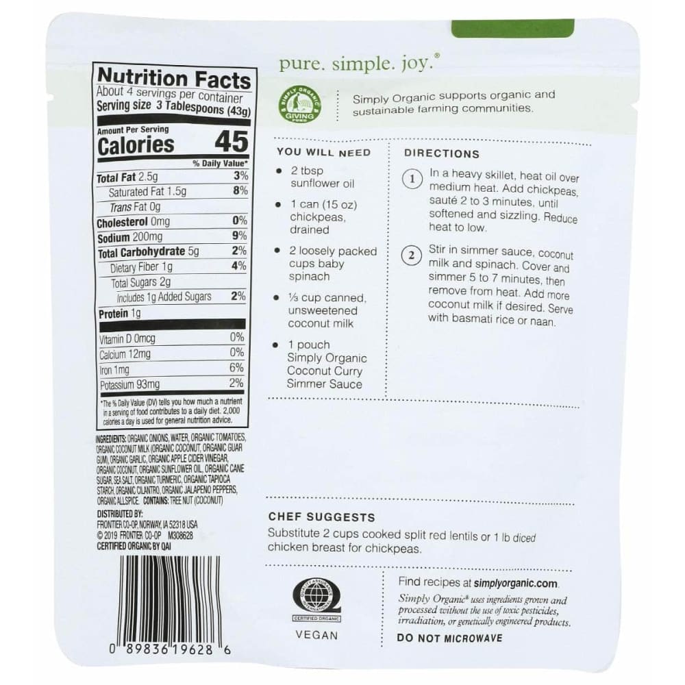 SIMPLY ORGANIC Grocery > Meal Ingredients > Sauces SIMPLY ORGANIC: Coconut Curry Simmer Sauce, 6 oz