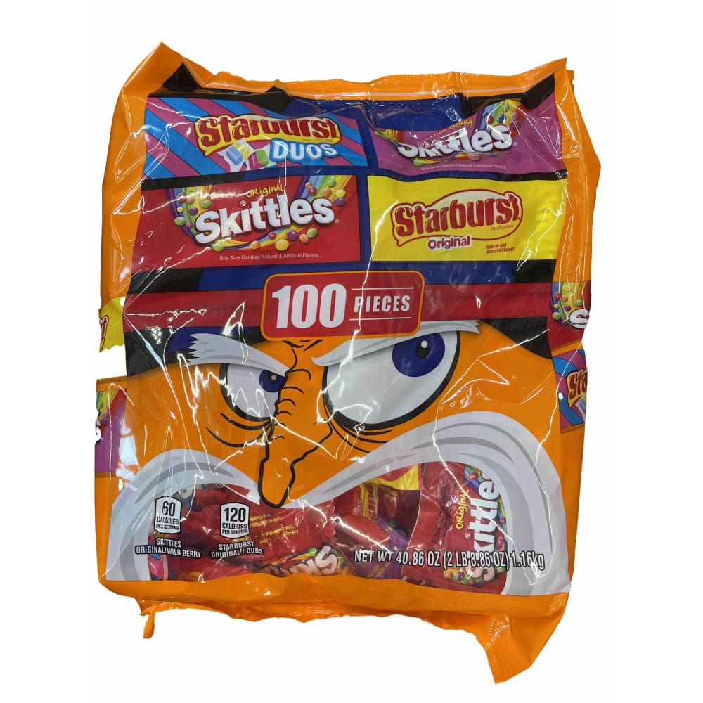 Mixed SKITTLES Original, Wild Berry, STARBURST Original FUN SIZE Halloween candy, 100 pieces, 41.76 oz bag