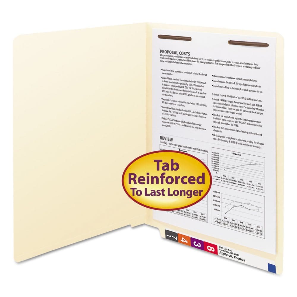 Smead Heavyweight Reinforced Straight End Tab One Fastener File Folder Manila (Letter 50ct.) - File Folders - Smead