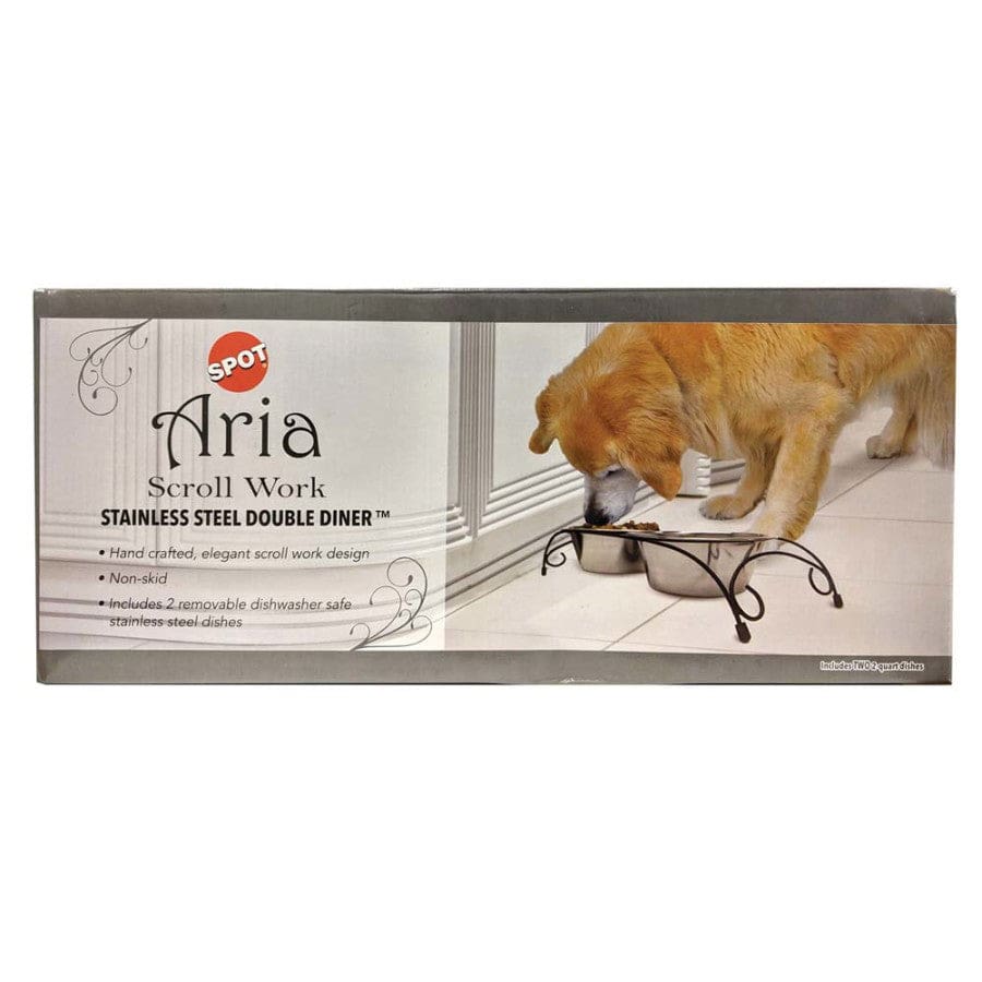 Spot Aria Double Diner Dog Bowl Scroll Work Silver 2 Quart - Pet Supplies - Spot