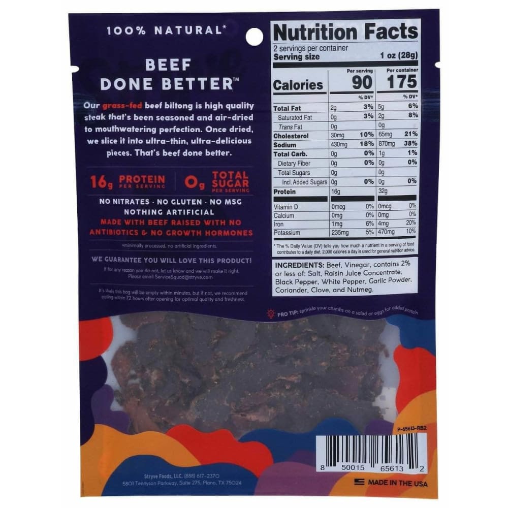 STRYVE PROTEIN SNACKS Stryve Protein Snacks Biltong Grass Fed Original, 2 Oz