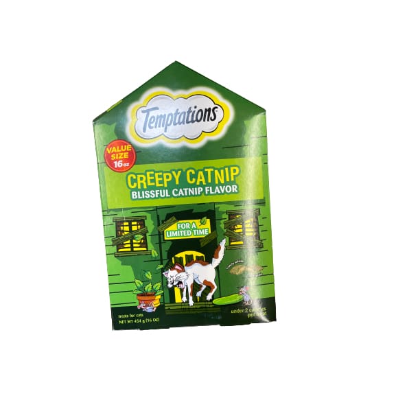 TEMPTATIONS Classic Crunchy and Soft Cat Treats Creepy Catnip Treats for Cats Blissful Catnip Flavor 16 oz. Pouch - TEMPTATIONS