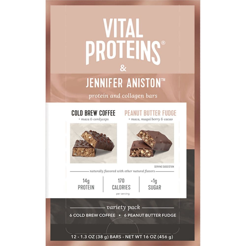 Vital Proteins & Jennifer Aniston Protein and Collagen Bars Variety Pack Cold Brew Coffee and Peanut Butter Fudge (12 ct.) - Diet Nutrition