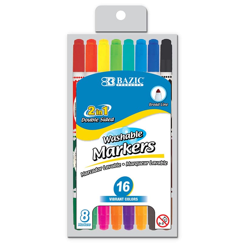 Washable Markers Double Tip 8 Count 16 Different Colors (Pack of 12) - Markers - Bazic Products