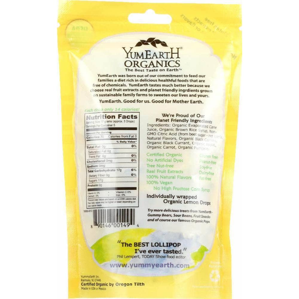 Yumearth Yummy Earth Organic Candy Drops Gluten Free Cheeky Lemon Flavor, 3.3 oz